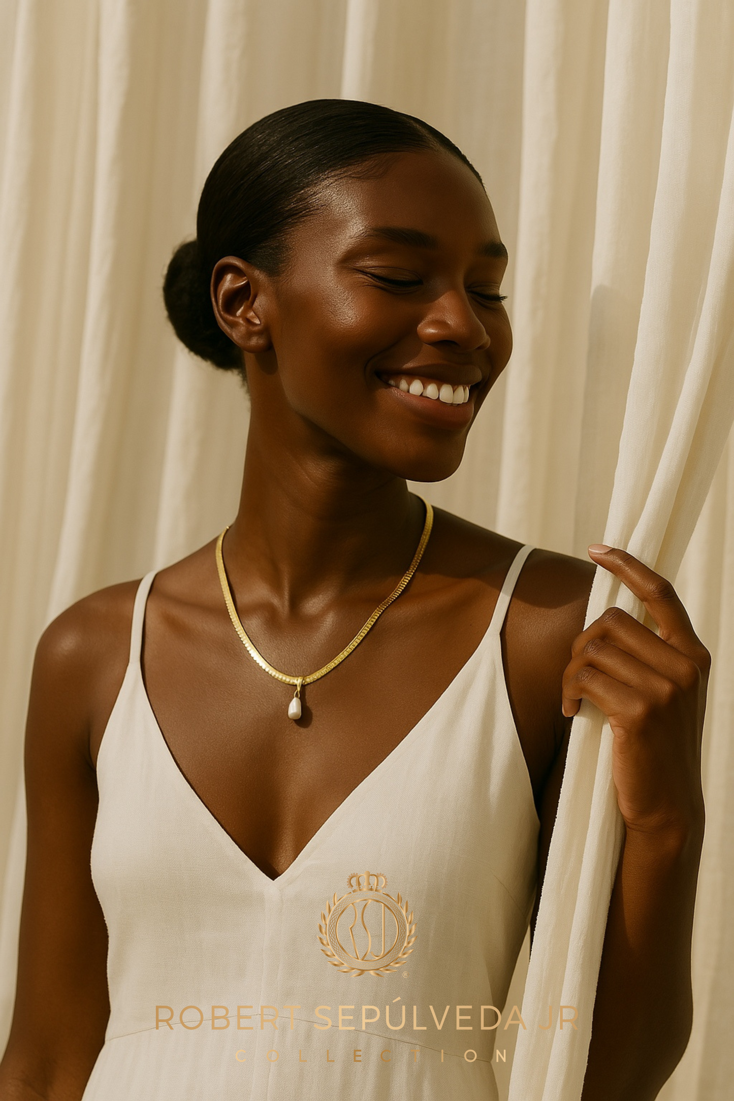 18K gold herringbone necklace - 20 inch in length - WITH - 5 pearl pendants in 18k gold setting - ALL 5 colors included!