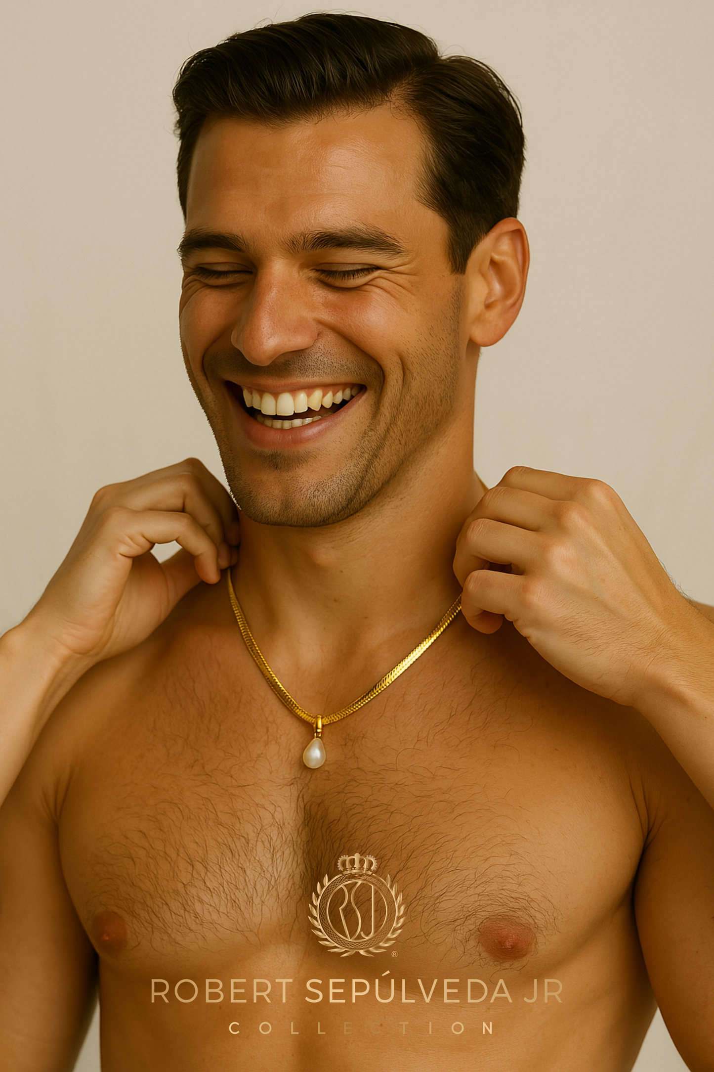 18K gold herringbone necklace - 20 inch in length - WITH - 5 pearl pendants in 18k gold setting - ALL 5 colors included!