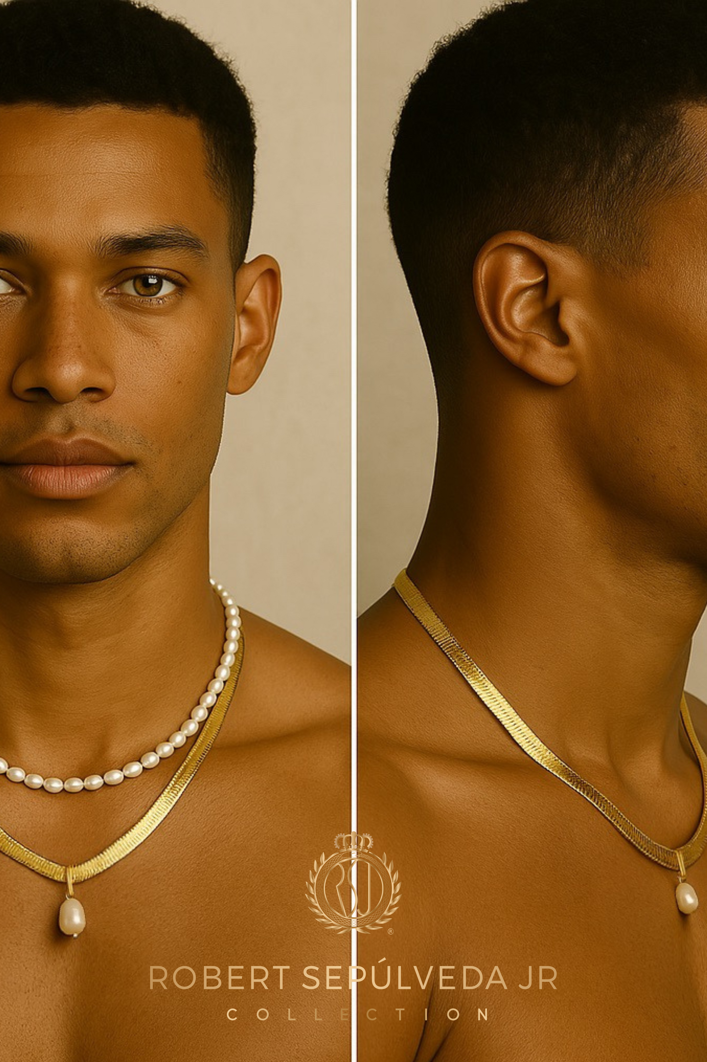 18K gold herringbone necklace - 20 inch in length - WITH - 5 pearl pendants in 18k gold setting - ALL 5 colors included!