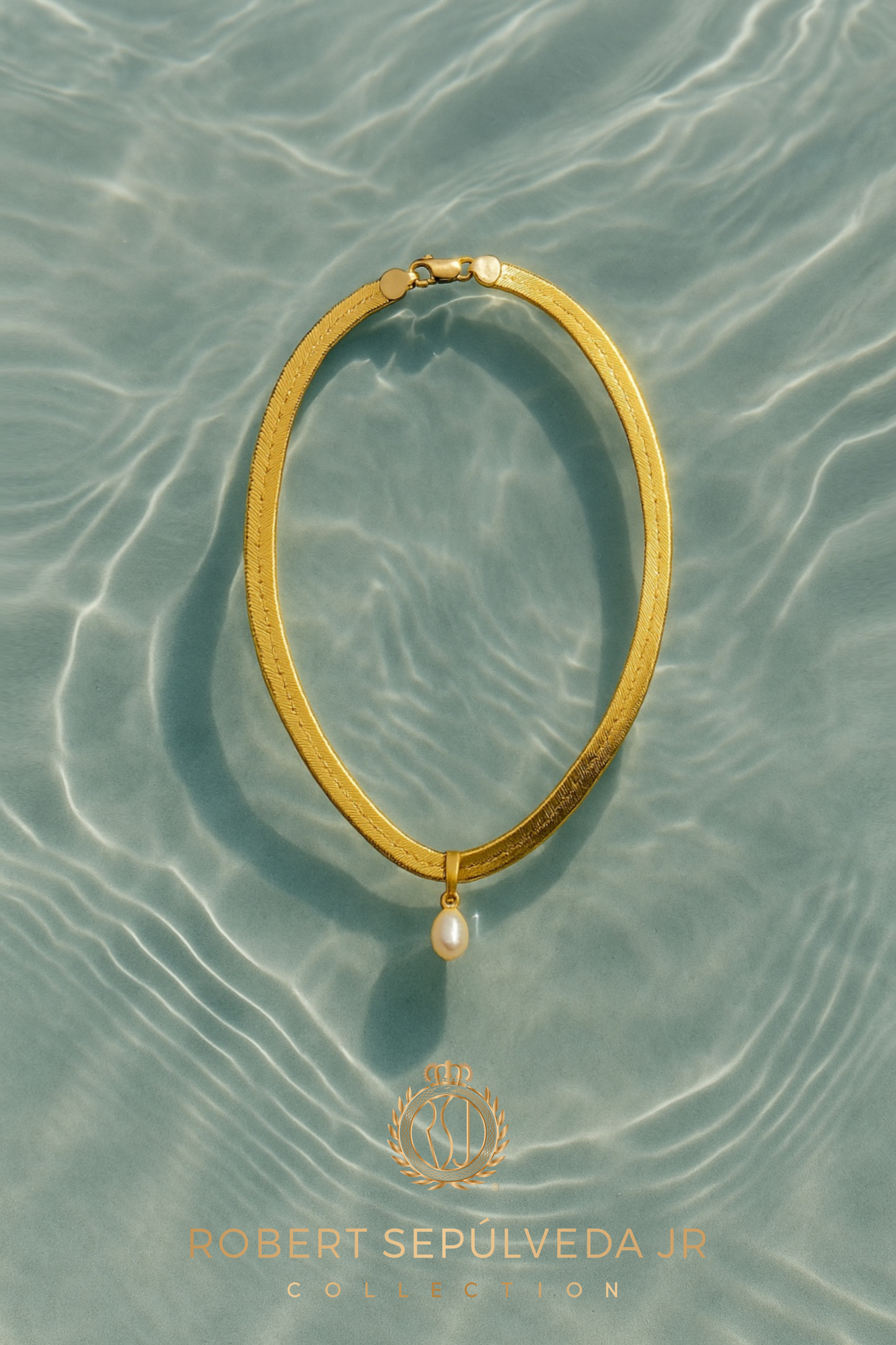 18K gold herringbone necklace - 20 inch in length - WITH - 5 pearl pendants in 18k gold setting - ALL 5 colors included!