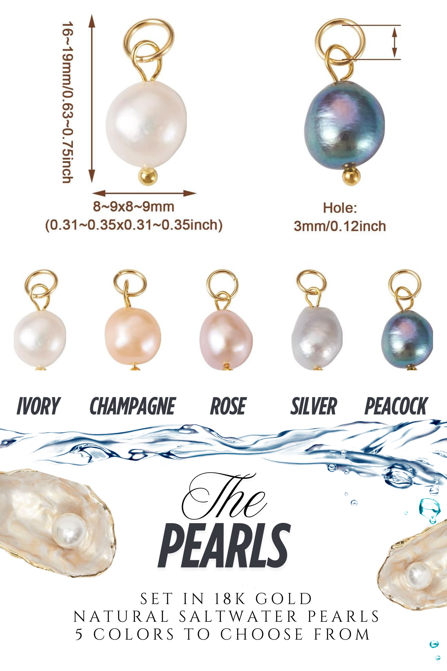 18K gold herringbone necklace - 20 inch in length - WITH - 5 pearl pendants in 18k gold setting - ALL 5 colors included!
