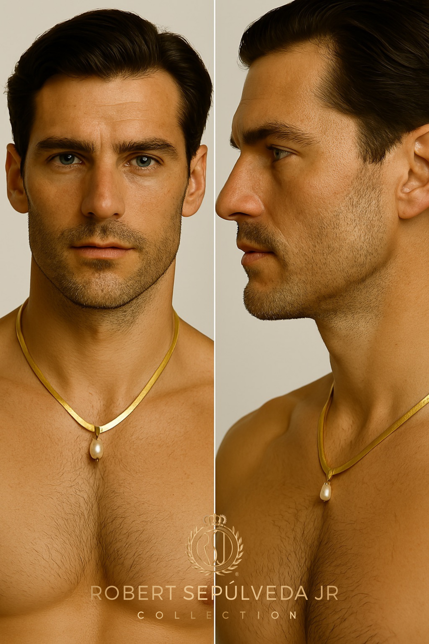 18K gold herringbone necklace - 20 inch in length - WITH - 5 pearl pendants in 18k gold setting - ALL 5 colors included!