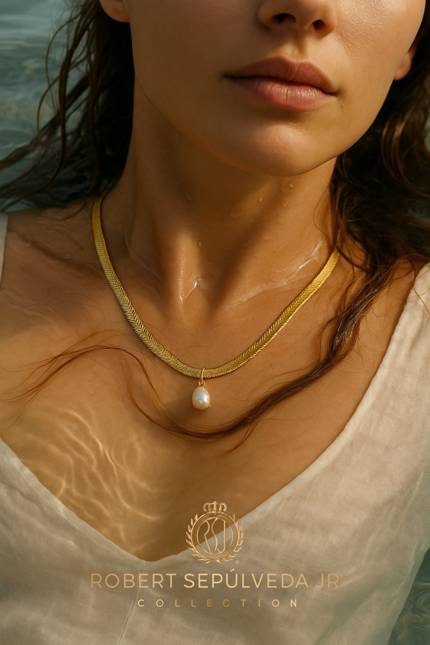 18K gold herringbone necklace - 20 inch in length - WITH - 5 pearl pendants in 18k gold setting - ALL 5 colors included!