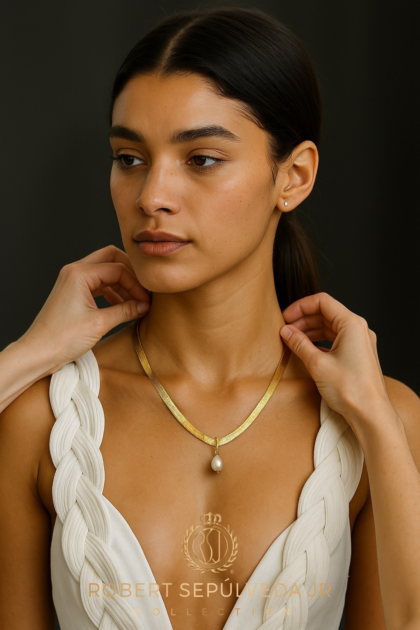 18K gold herringbone necklace - 20 inch in length - WITH - 5 pearl pendants in 18k gold setting - ALL 5 colors included!