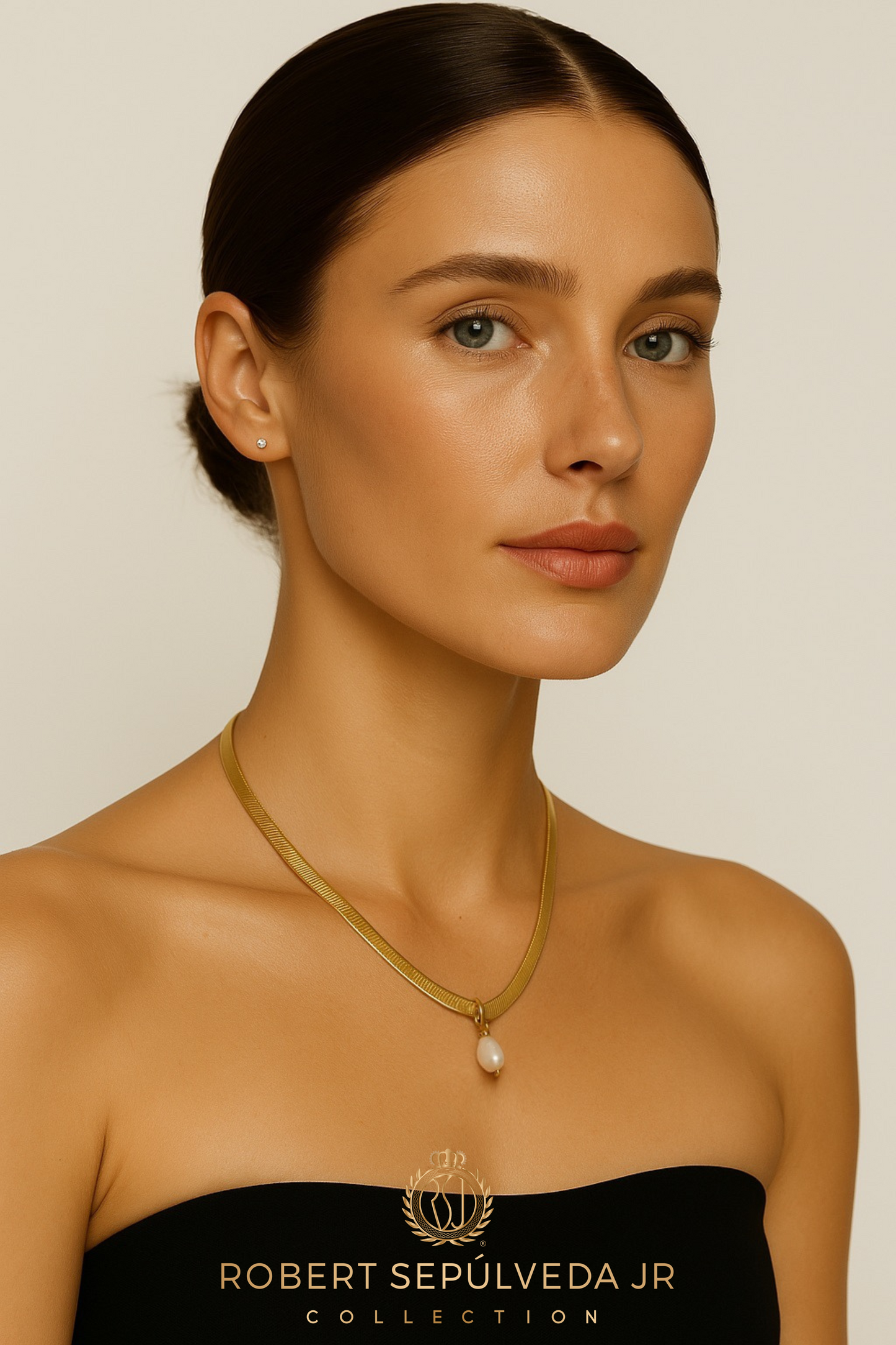 18K gold herringbone necklace - 20 inch in length - WITH - 5 pearl pendants in 18k gold setting - ALL 5 colors included!