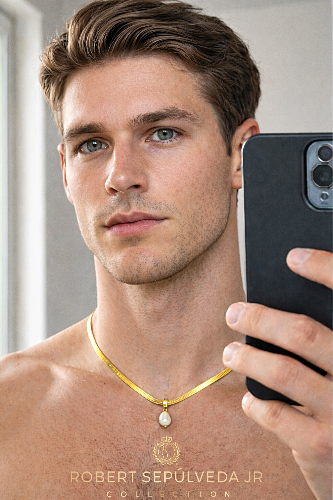 18K gold herringbone necklace - 20 inch in length - WITH - 5 pearl pendants in 18k gold setting - ALL 5 colors included!