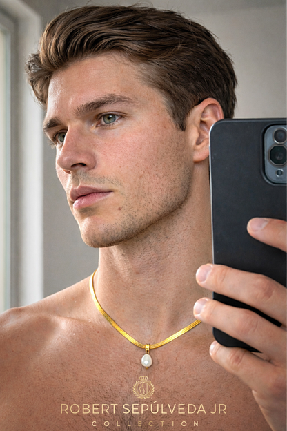 18K gold herringbone necklace - 20 inch in length - WITH - 5 pearl pendants in 18k gold setting - ALL 5 colors included!