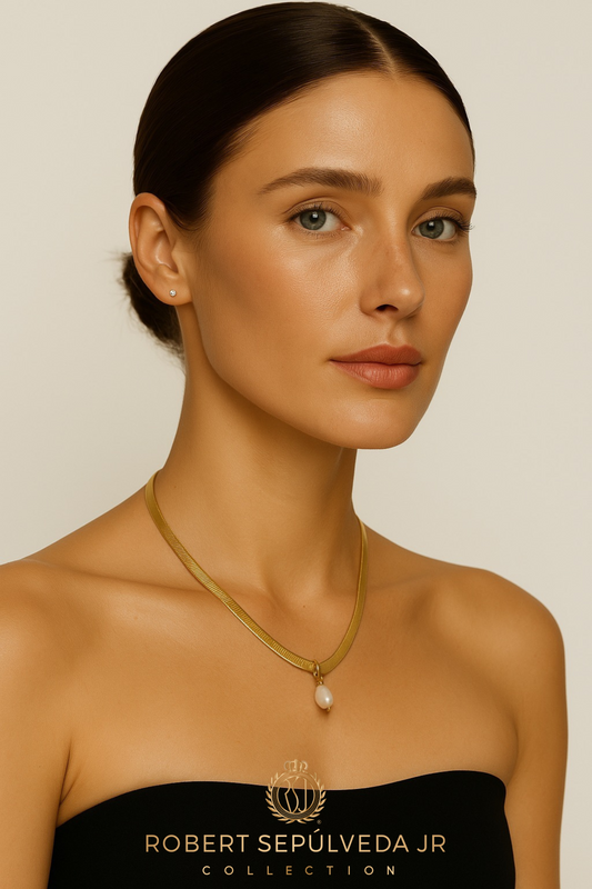 18K gold herringbone necklace - 20 inch in length - WITH - 5 pearl pendants in 18k gold setting - ALL 5 colors included!